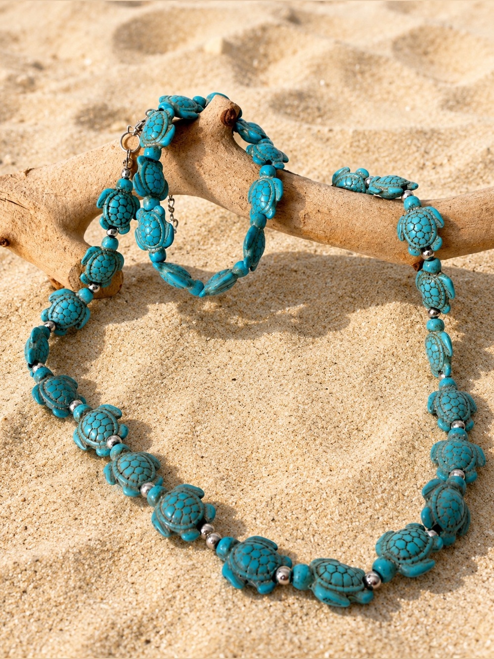 Sea Turtle Necklace Bracelet Set Turquoise Beaded Beach Coastal Jewelry Gift